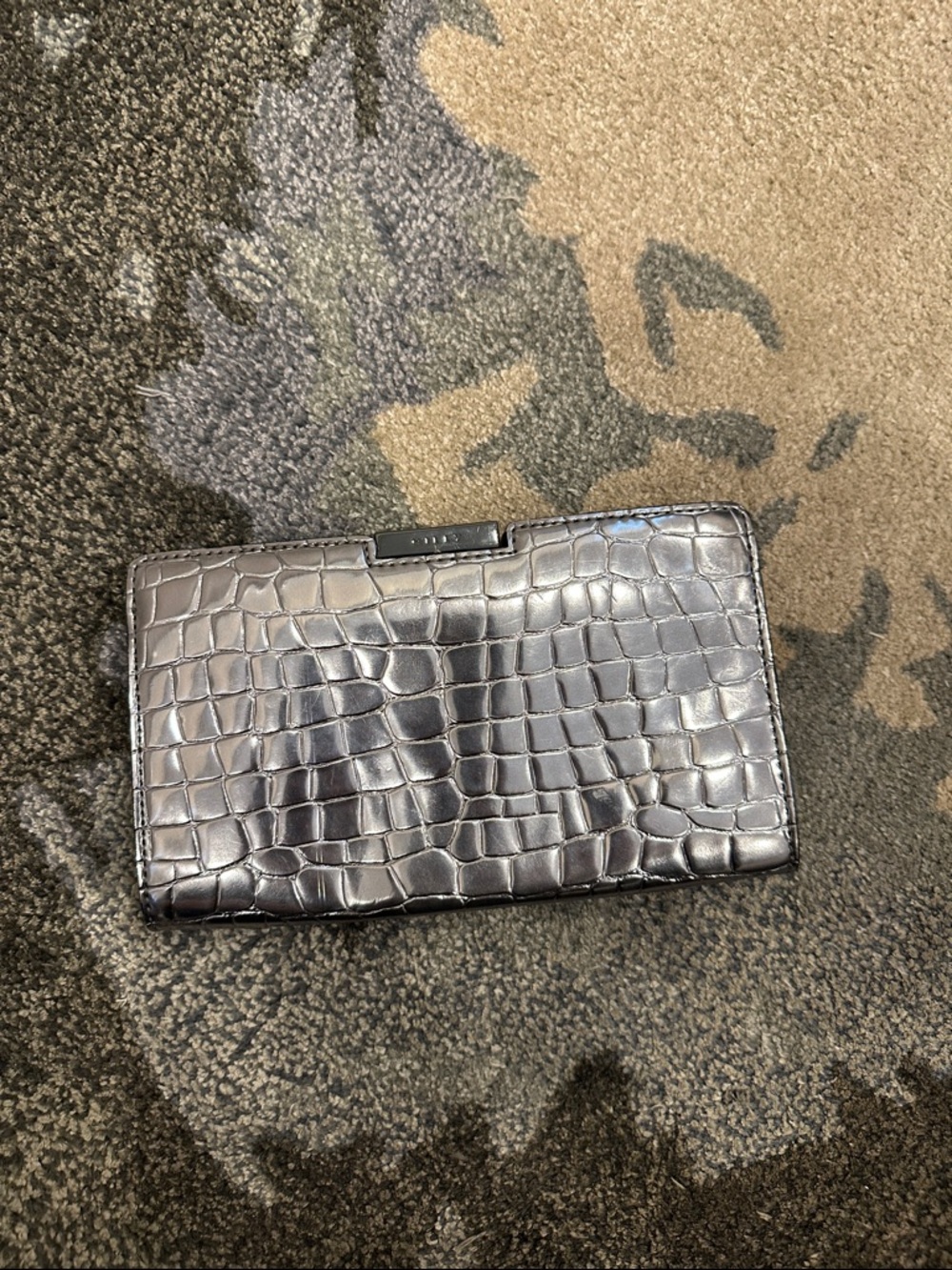 Milly Metallic Croc-Embossed Clutch in Silver